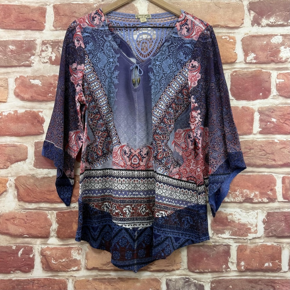 Energe World Wear Women's XL Multicolor Boho Floral Abstract Crochet Nape Shirt